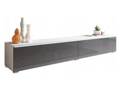 Móvel De Tv| Móvel de TV moderno 180 cm para sala com LED – 2 portas, sem puxadores, corpo fosco, frentes cinza brilho, de chão ou suspenso Branco