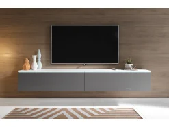 Móvel De Tv| Móvel de TV moderno 180 cm para sala com LED – 2 portas, sem puxadores, corpo fosco, frentes cinza brilho, de chão ou suspenso Branco