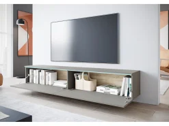 New Móvel de TV moderno 180 cm para sala – 2 portas, sem puxadores, acabamento mate, de chão ou suspenso, cinzento paládio Cinzento claro