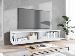 Móvel de TV moderno 180 cm para sala – 2 portas sem puxadores, acabamento mate, de chão ou suspenso, frentes em MDF espinha de peixe mate^ Móvel De Tv