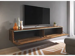 Móvel De Tv| Móvel de TV moderno 180 cm para sala – 2 portas, sem puxadores, acabamento mate, de chão ou suspenso, estilo vintage Castanho