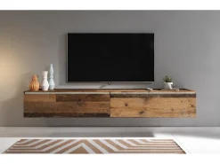 Móvel De Tv| Móvel de TV moderno 180 cm para sala – 2 portas, sem puxadores, acabamento mate, de chão ou suspenso, estilo vintage Castanho
