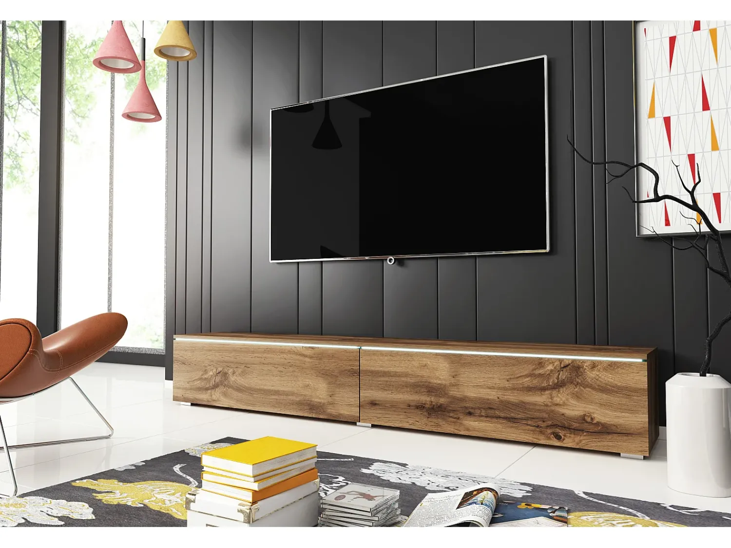 Móvel de TV moderno 180 cm para sala com LED – 2 portas, sem puxadores, carvalho wotan, de chão ou suspenso^ Móvel De Tv