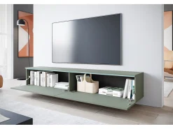 Móvel De Tv* Móvel de TV moderno 180 cm para sala – 2 portas, sem puxadores, acabamento mate, de chão ou suspenso, verde névoa Verde claro