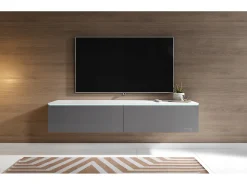 Móvel De Tv* Móvel de TV moderno 140 cm para sala – 2 portas, sem puxadores, corpo mate, frentes cinza brilho, de chão ou suspenso Branco