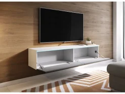 Móvel De Tv* Móvel de TV moderno 140 cm para sala – 2 portas, sem puxadores, corpo mate, frentes cinza brilho, de chão ou suspenso Branco