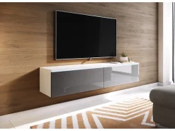 Móvel De Tv* Móvel de TV moderno 140 cm para sala – 2 portas, sem puxadores, corpo mate, frentes cinza brilho, de chão ou suspenso Branco