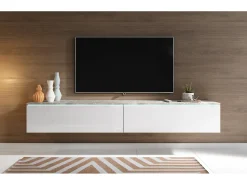 Móvel de TV moderno 180 cm para sala – 2 portas, sem puxadores, mate + brilho, de chão ou suspenso, betão smart / branco brilho^ Móvel De Tv