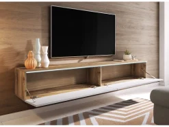 Hot Móvel de TV moderno 180 cm para sala – 2 portas, sem puxadores, mate + brilho, de chão ou suspenso, carvalho wotan / branco brilho Natural claro / Branco