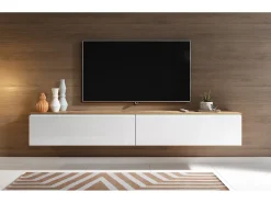 Hot Móvel de TV moderno 180 cm para sala – 2 portas, sem puxadores, mate + brilho, de chão ou suspenso, carvalho wotan / branco brilho Natural claro / Branco