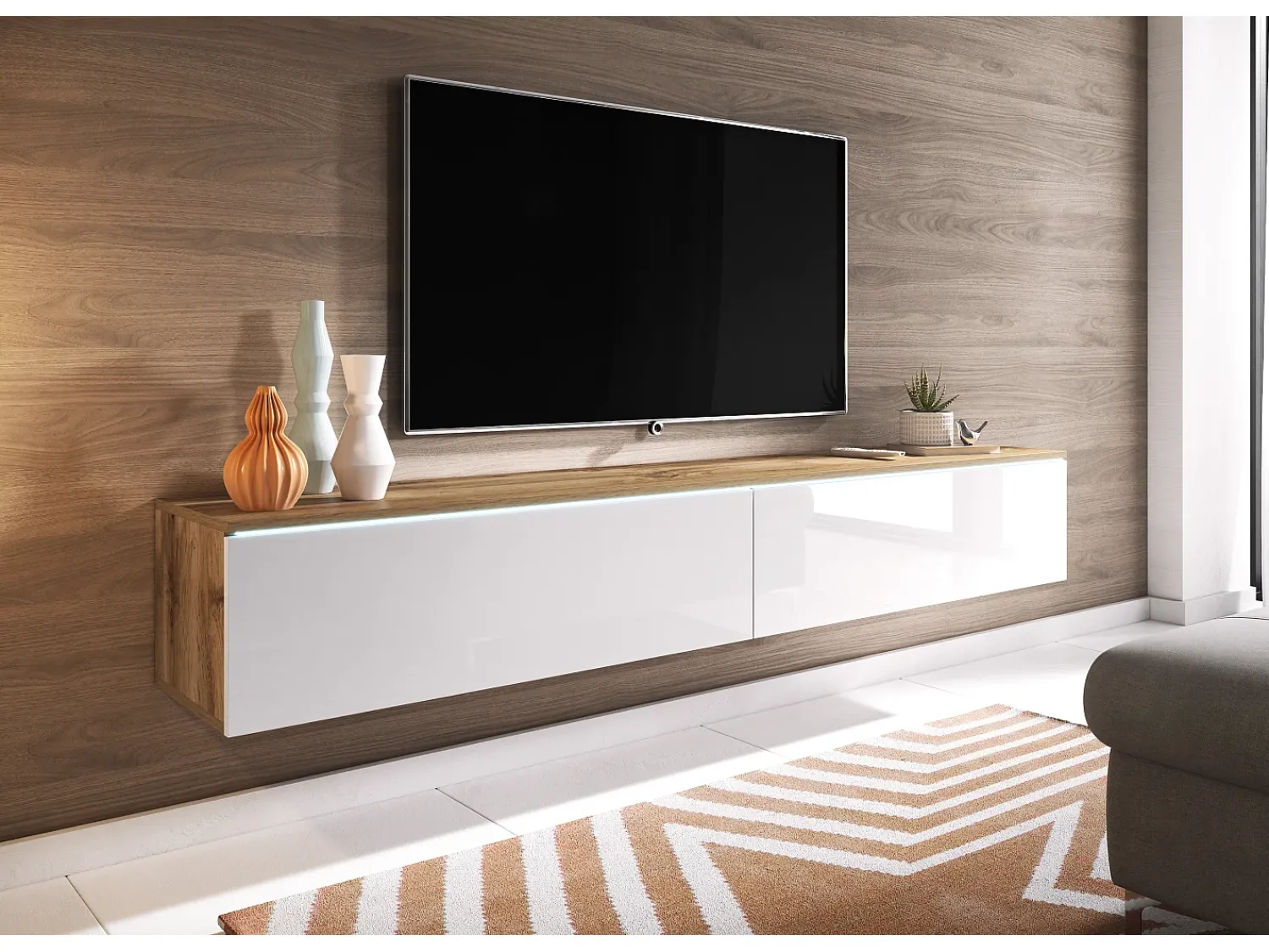 Hot Móvel de TV moderno 180 cm para sala – 2 portas, sem puxadores, mate + brilho, de chão ou suspenso, carvalho wotan / branco brilho Natural claro / Branco