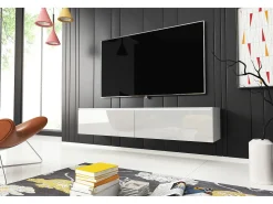 Móvel De Tv| Móvel de TV moderno 140 cm para sala – 2 portas sem puxadores, corpo mate / frentes brilho, de chão ou suspenso Branco