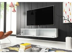 Móvel De Tv| Móvel de TV moderno 140 cm para sala – 2 portas sem puxadores, corpo mate / frentes brilho, de chão ou suspenso Branco