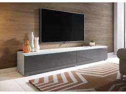 Móvel De Tv* Móvel de TV moderno 180 cm para sala – 2 portas, sem puxadores, mate + brilho, de chão ou suspenso, branco / cinzento brilho Cinza antracite / Branco