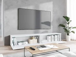 Móvel de TV moderno 180 cm para sala – 2 portas sem puxadores, acabamento mate, de chão ou suspenso, frentes em MDF ondulado mate^ Móvel De Tv