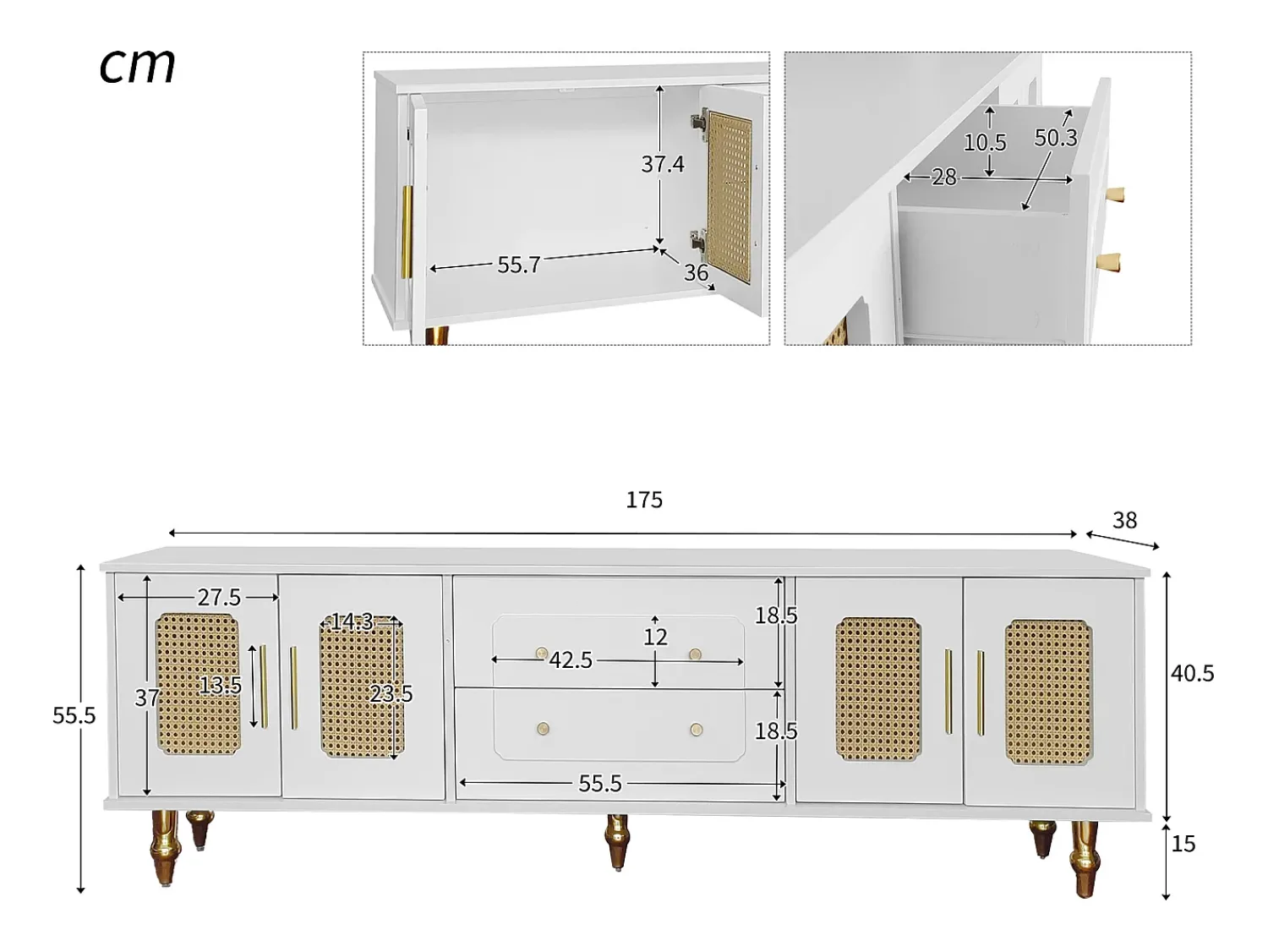 ModernLuxe Móvel de TV moderno - com portas de vime e 2 gavetas - pernas de metal -^ Móvel De Tv