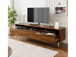 Móvel De Tv*Merax Móvel de TV moderno 180 x 40 x 50 cm com LEDs - pés de metal dourado - frente de vidro e 4 gavetas - MDF - natural Natural claro