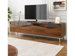 Móvel De Tv*Merax Móvel de TV moderno 180 x 40 x 50 cm com LEDs - pés de metal dourado - frente de vidro e 4 gavetas - MDF - natural Natural claro