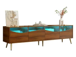 Móvel De Tv*Merax Móvel de TV moderno 180 x 40 x 50 cm com LEDs - pés de metal dourado - frente de vidro e 4 gavetas - MDF - natural Natural claro