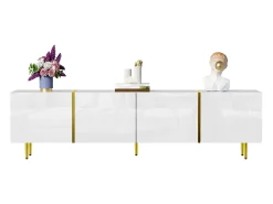 Móvel De Tv|Merax Móvel de TV moderno com 4 portas - 170 x 35 x 46 cm - Madeira MDF - brilhante e dourado Branco