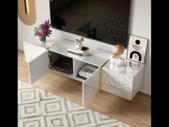 Móvel De Tv|Merax Móvel de TV moderno com 4 portas - 170 x 35 x 46 cm - Madeira MDF - brilhante e dourado Branco