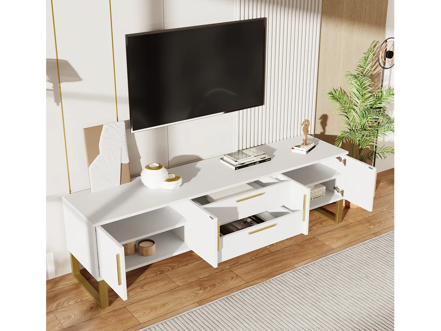 Móvel de TV moderno com 4 portas de armário e 2 gavetas, armário para TV, para sala de estar,^ Móvel De Tv