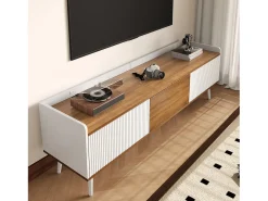 Móvel De Tv| Móvel de TV moderno com 3 portas, armário baixo em acabamento e madeira natural, 160x39x49,5cm Branco