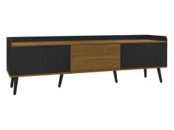 Móvel De Tv| Móvel de TV moderno com 3 portas, armário baixo com acabamento em e madeira natural, 160x39x49,5cm Preto