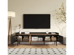 Móvel De Tv| Móvel de TV moderno com 3 portas, armário baixo com acabamento em e madeira natural, 160x39x49,5cm Preto