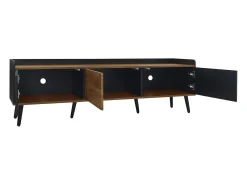 Móvel De Tv| Móvel de TV moderno com 3 portas, armário baixo com acabamento em e madeira natural, 160x39x49,5cm Preto