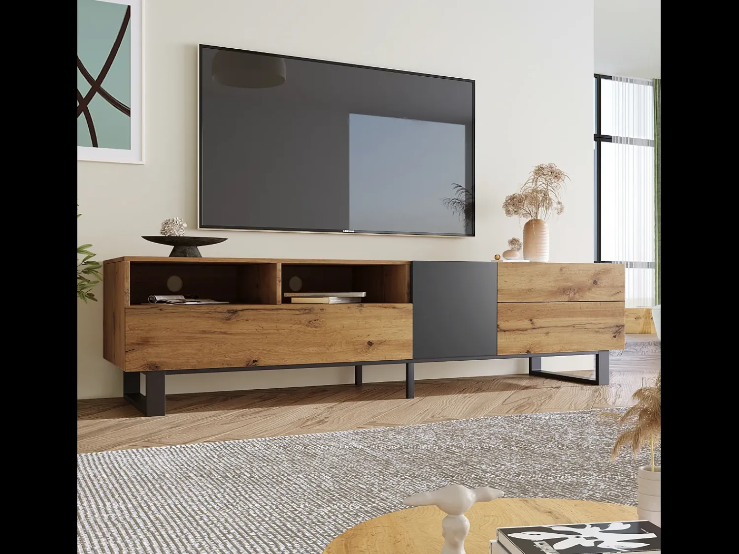 Merax Móvel de TV moderno com 2 portas, 2 gavetas e 2 nichos - madeira MDF e metal - carvalho e preto^ Móvel De Tv