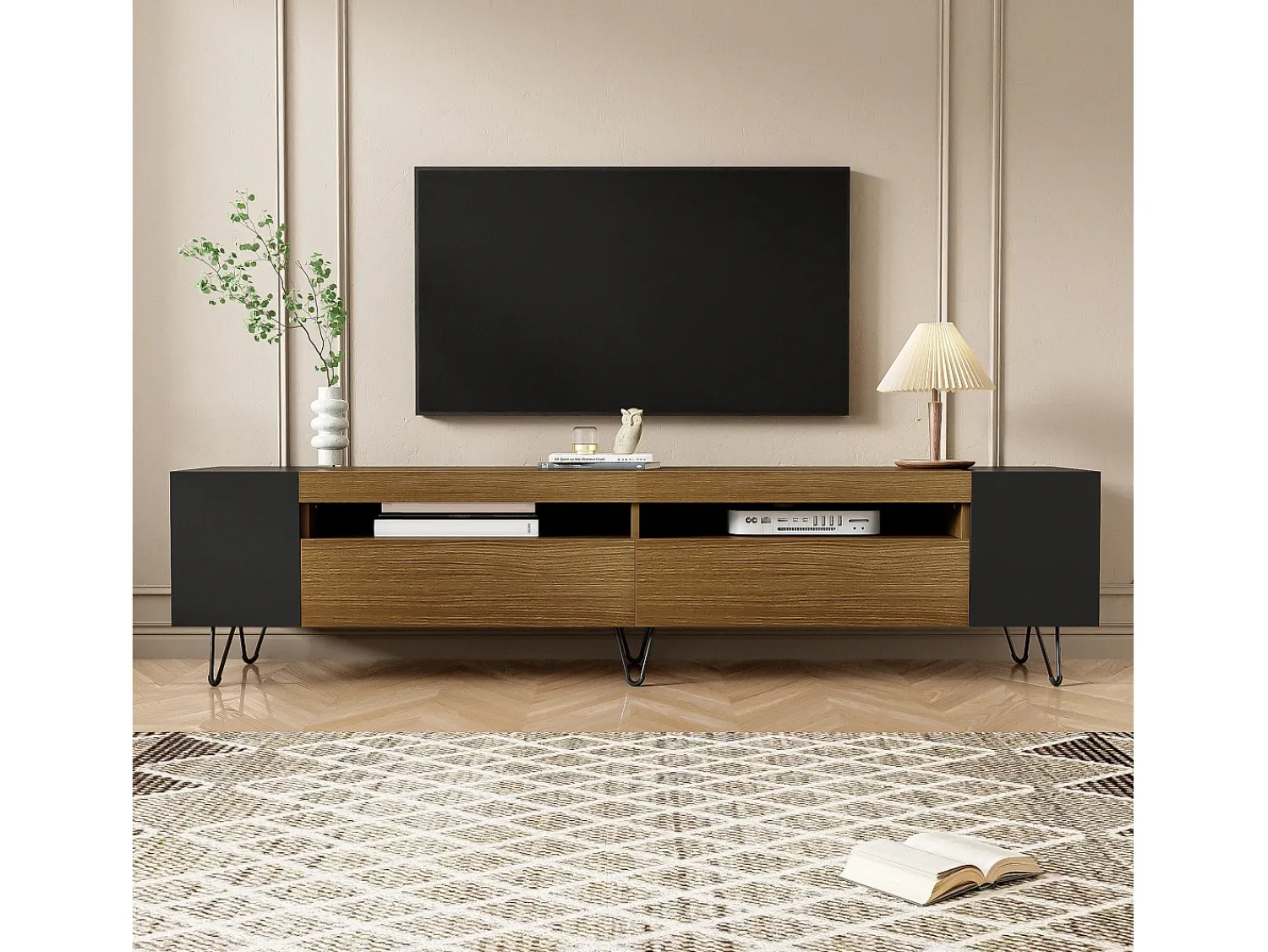 Móvel De Tv| Móvel de TV moderno com 2 portas, armário multifuncional com espaço de armazenamento e pés de metal. Preto