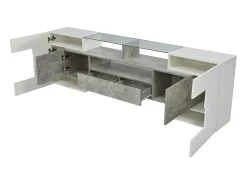 Móvel De Tv*Merax Móvel de TV moderno com 4 portas, 2 gavetas e 2 nichos - Aspecto branco brilhante - LEDs - Comprimento 200cm - Cor cinza Cinzento