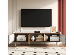 Móvel De Tv| Móvel de TV moderno com 3 portas, armário baixo em acabamento e madeira natural, 160x39x49,5cm Branco