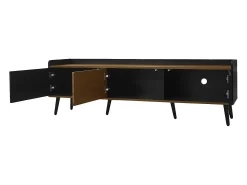 Móvel De Tv* Móvel de TV moderno com 3 portas, armário baixo com acabamento em e madeira natural, 160x39x49,5cm Preto