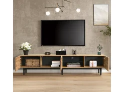 Móvel De Tv| Móvel de TV moderno com acabamento em madeira e luzes LED com cores ajustáveis, 175 (C) x 31 (L) x 41 (A) cm Laranja claro