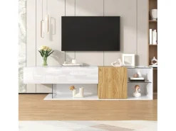 Merax Móvel de TV moderno com alto brilho - 180 x 38 x 48 cm - aparência de madeira + prateleiras de vidro + 2 portas - aglomerado -^ Móvel De Tv