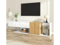 Merax Móvel de TV moderno com alto brilho - 180 x 38 x 48 cm - aparência de madeira + prateleiras de vidro + 2 portas - aglomerado -^ Móvel De Tv