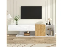 Merax Móvel de TV moderno com alto brilho - 180 x 38 x 48 cm - aparência de madeira + prateleiras de vidro + 2 portas - aglomerado -^ Móvel De Tv