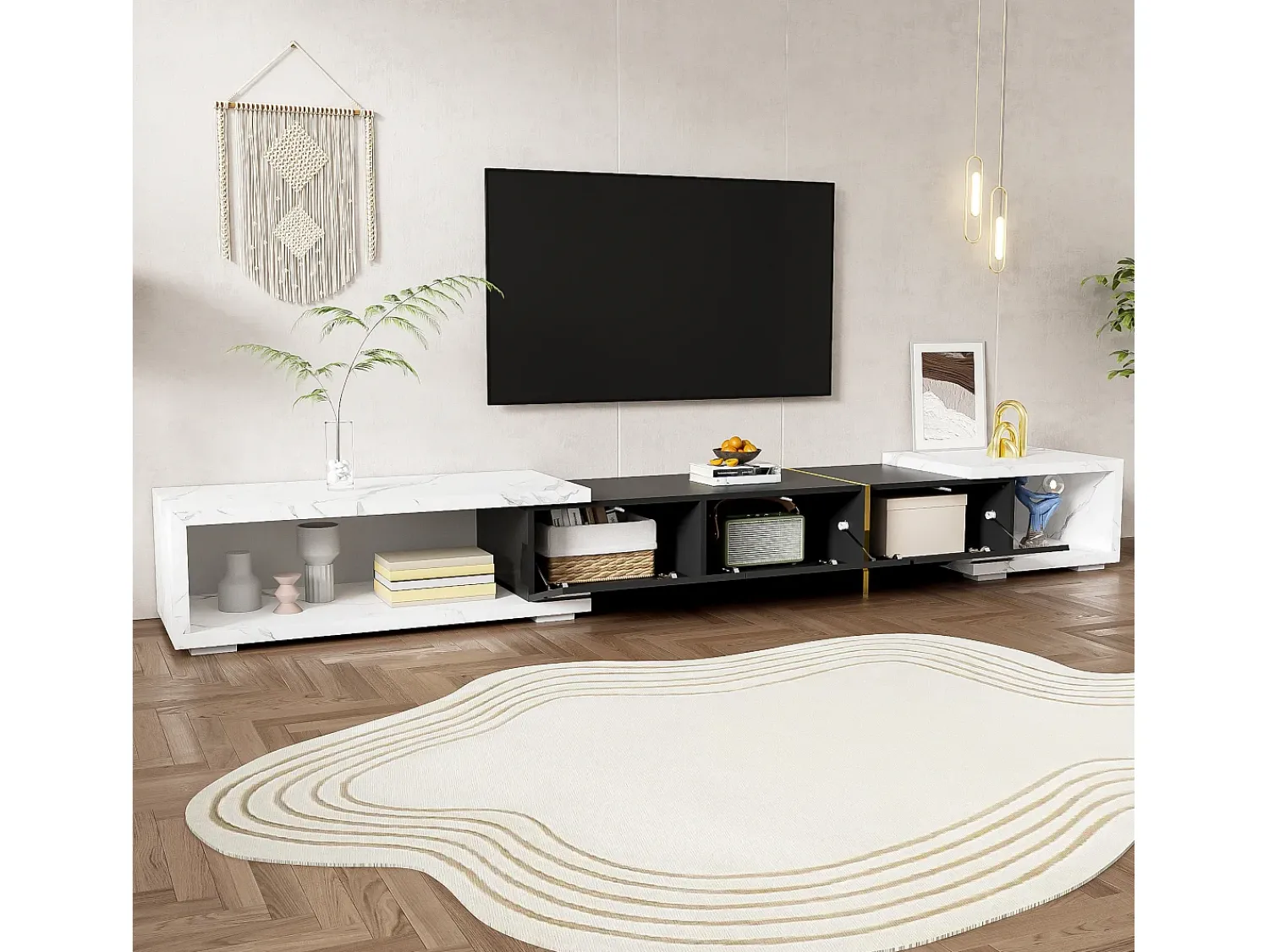 Móvel De Tv| Móvel de TV moderno com comprimento variável (140-260 cm), Móvel de TV baixo com função giratória, Preto