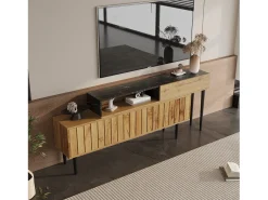 Móvel De Tv* Móvel de TV moderno com design em mármore e grão de madeira - Borda em PVC, pernas em ferro, cor madeira escura - 129x30x58cm Natural claro
