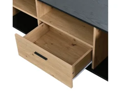 Móvel De Tv* Móvel de TV moderno com gaveta, três portas e duas prateleiras de vidro - cor natural, 180 x 40 x 45 cm Preto