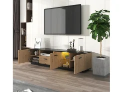 Móvel De Tv* Móvel de TV moderno com gaveta, três portas e duas prateleiras de vidro - cor natural, 180 x 40 x 45 cm Preto