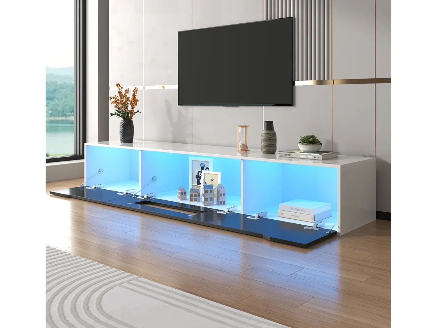 Móvel De Tv| Móvel de TV moderno com iluminação LED e 3 portas, armário de parede com espaço de armazenamento, Preto