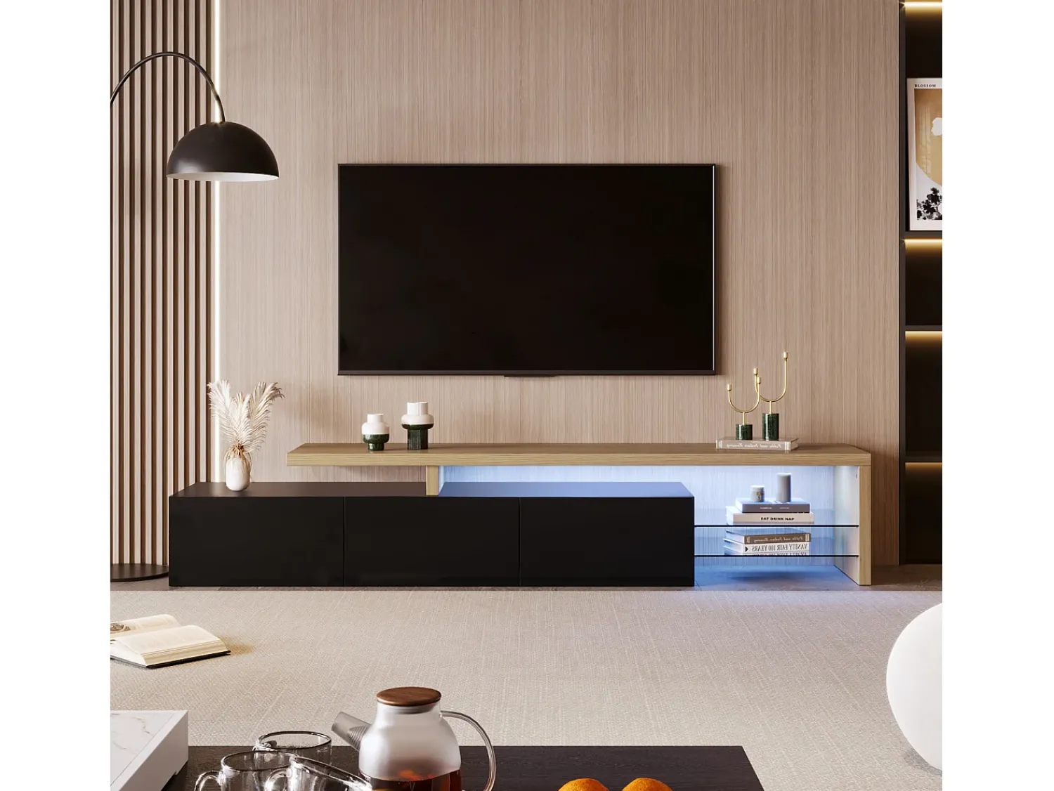 Móvel De Tv| Móvel de TV Moderno com LED, e Carvalho, 200cm – com Carregador Europeu Preto