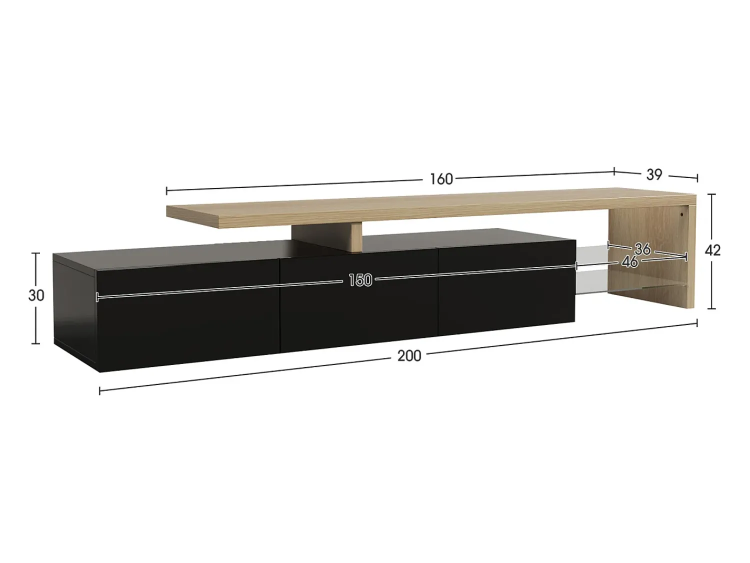 Móvel De Tv| Móvel de TV Moderno com LED, e Carvalho, 200cm – com Carregador Europeu Preto