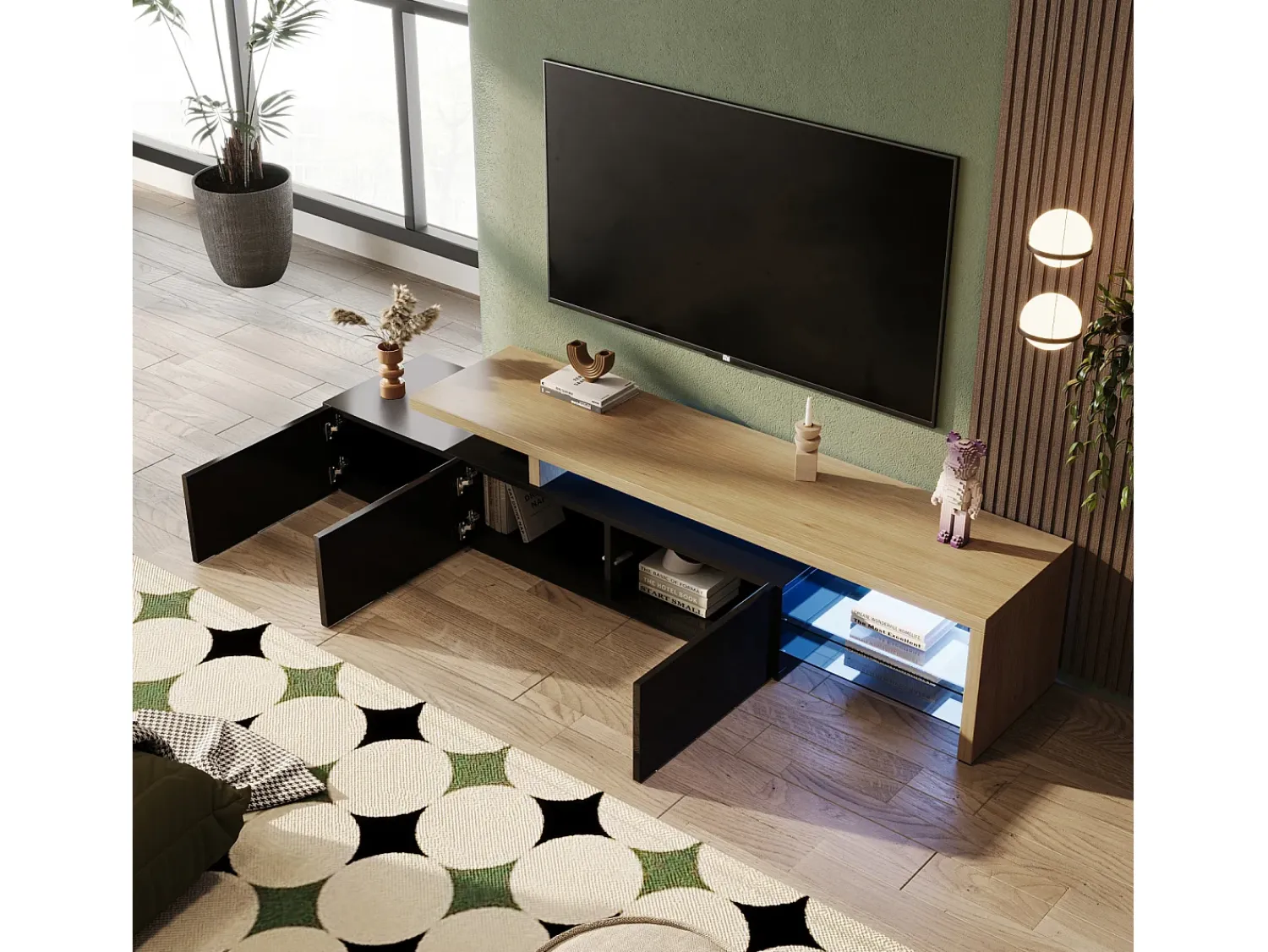 Móvel De Tv| Móvel de TV Moderno com LED, e Carvalho, 200cm – com Carregador Europeu Preto