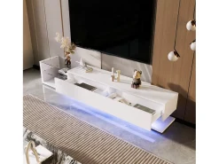 Móvel De Tv* Móvel de TV moderno com lâmpadas LED, suporte de TV com 2 gavetas e prateleiras de vidro, armário de base, Branco