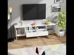 Móvel de TV moderno com pés e detalhes dourados, amplo espaço de armazenamento para sala de estar, .^ Móvel De Tv