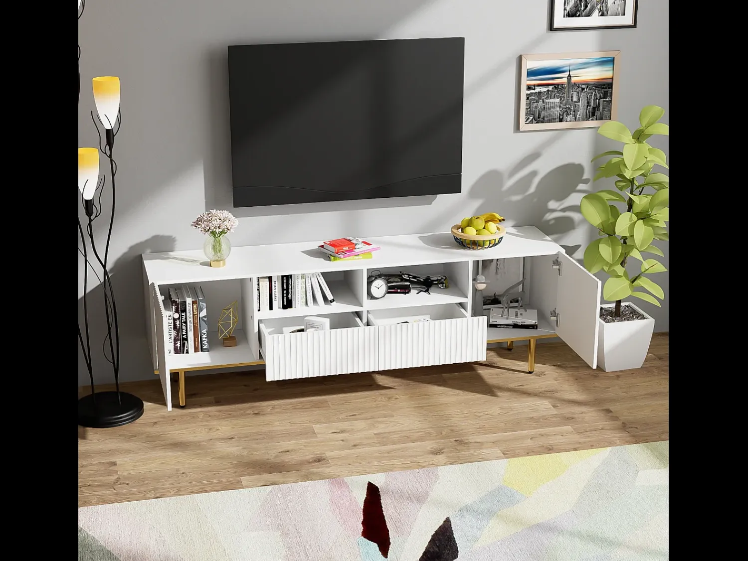 Móvel de TV moderno com pés e detalhes dourados, amplo espaço de armazenamento para sala de estar, .^ Móvel De Tv